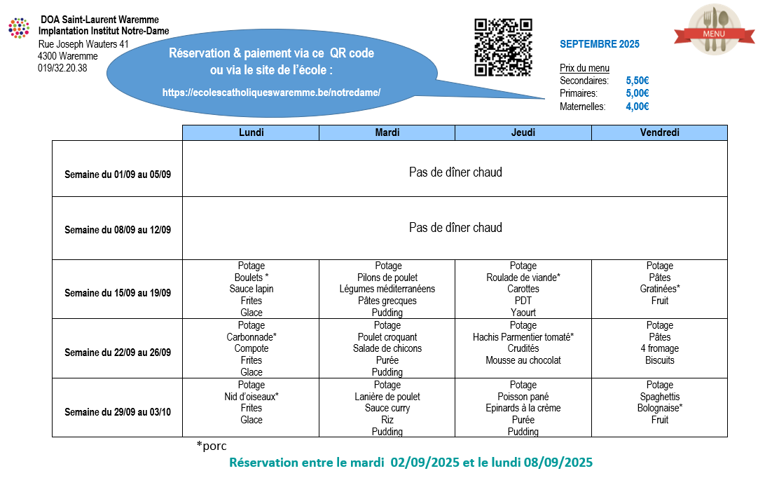 Réservation via le QR Code ci-dessous jusqu'au 8 septembre inclus ou via ce lien : https://forms.office.com/e/R76nTUmbVU?origin=lprLink 