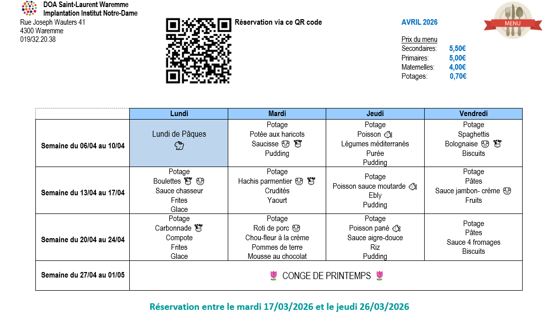 Réservation via le QR Code ci-dessus jusqu'au jeudi 26 mars inclus ou via ce lien : https://forms.office.com/e/vh94MzUNJT?origin=lprLink