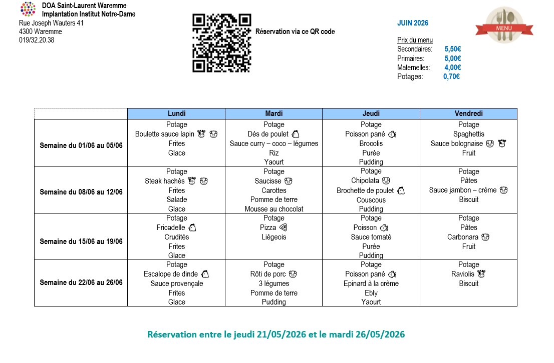 Réservation via le QR Code ci-dessus jusqu'au mardi 26 mai ou via ce lien : https://forms.office.com/e/Ez4aeCXrDu?origin=lprLink