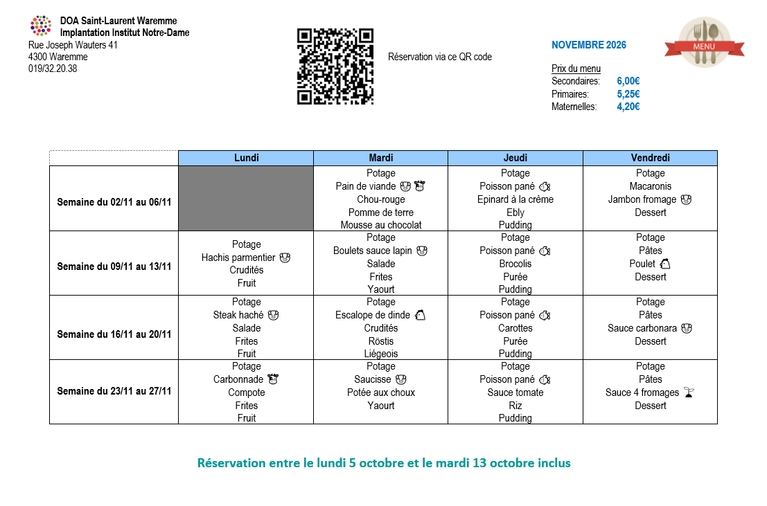 Réservation via le QR Code ci-dessus jusqu'au mardi 13 octobre ou via ce lien : https://forms.cloud.microsoft/e/Z9ANrG0Tw0?origin=lprLink